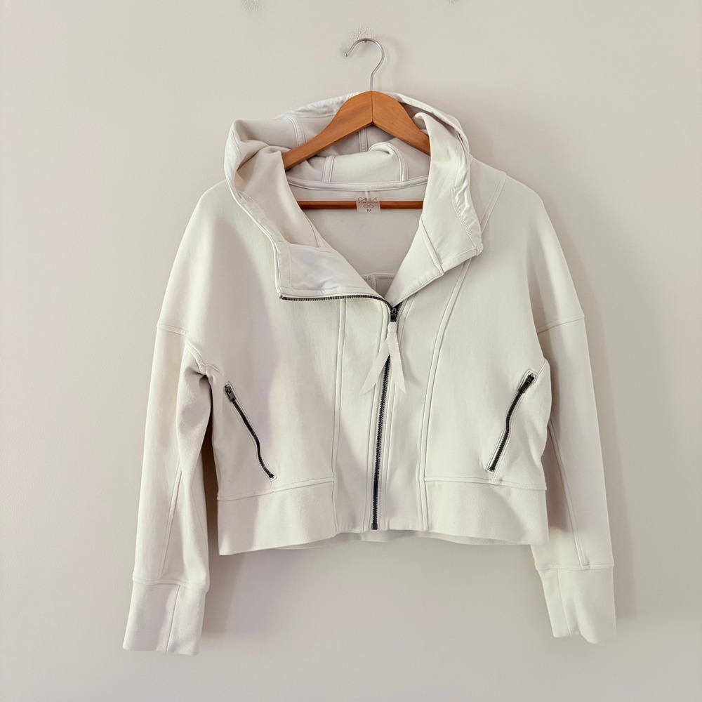CALIA Hoodie Moto Full Zip Jacket Medium Ivory Cropped Fleece